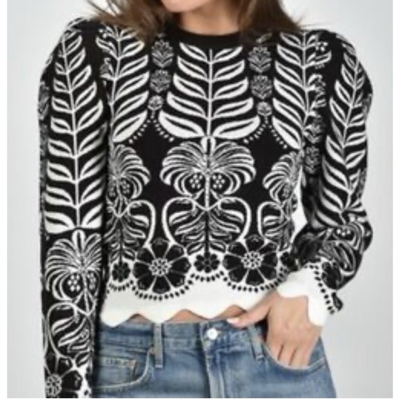 FARM rio Sweater Alnika Tropical Knit‎ Blouse Women's Médium Black Floral Crop - Picture 2 of 12